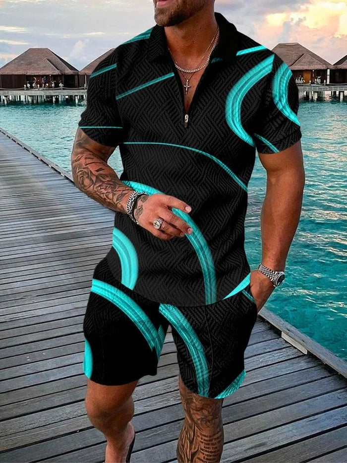 Men's Casual Black/Teal Printed Polo Suit - DUVAL