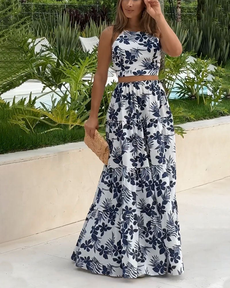 Summer holiday style backless print two-piece set