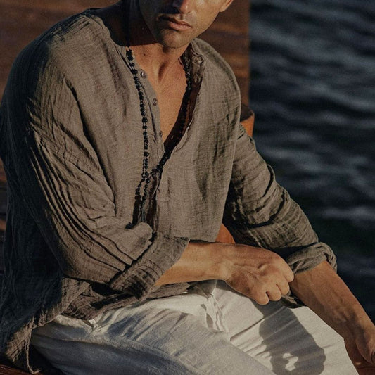 Men's Linen Half-open Collar Long-Sleeved Shirt - DUVAL