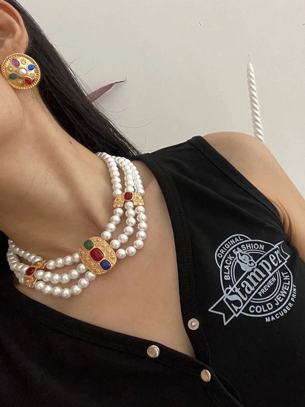 Vintage Colored Gemstone Pearl Necklace Pearl Stud Earrings