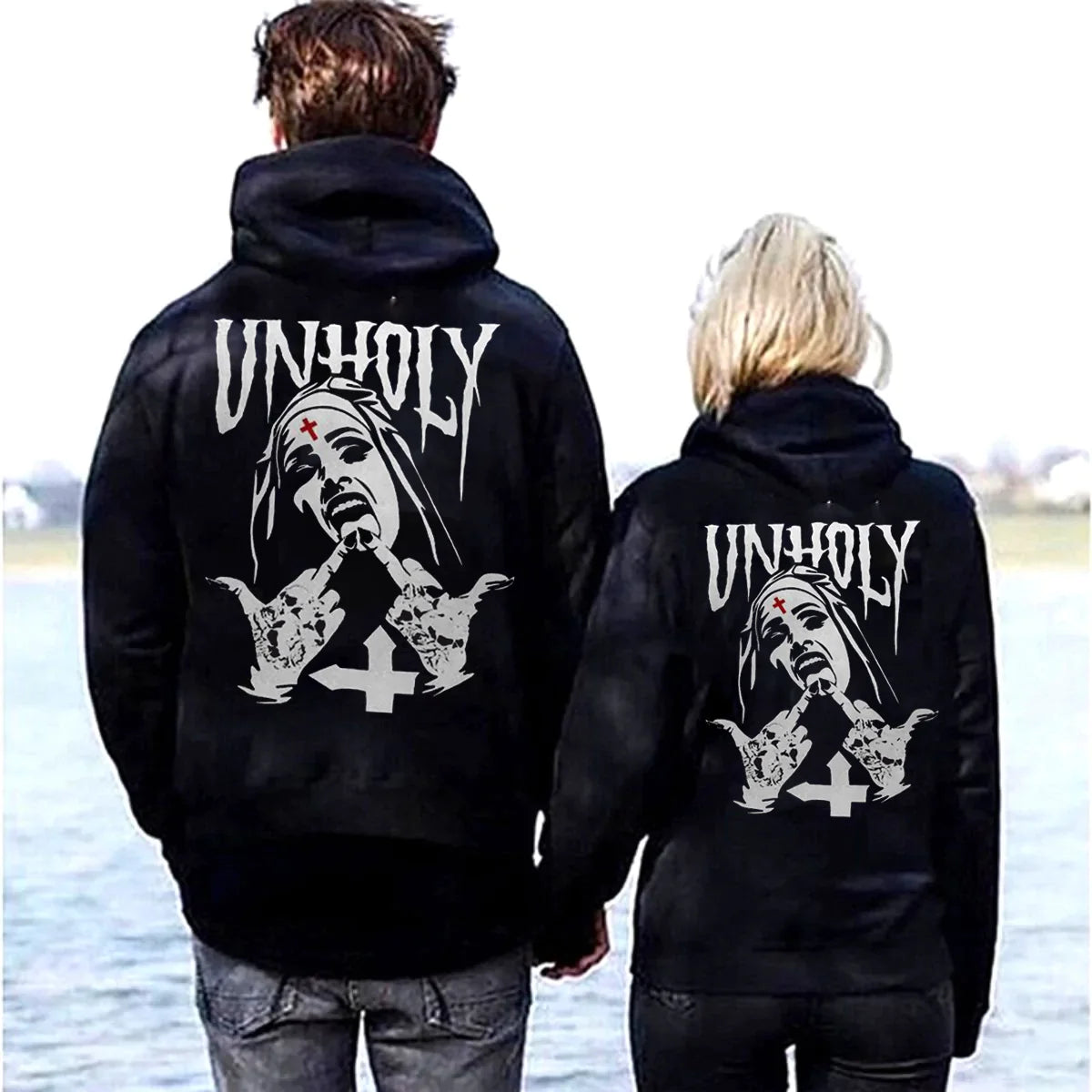 UNHOLY Nun Graphic Casual Black Couple Models Hoodie