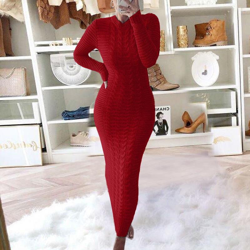 Fashion braided long-sleeved woolen dress