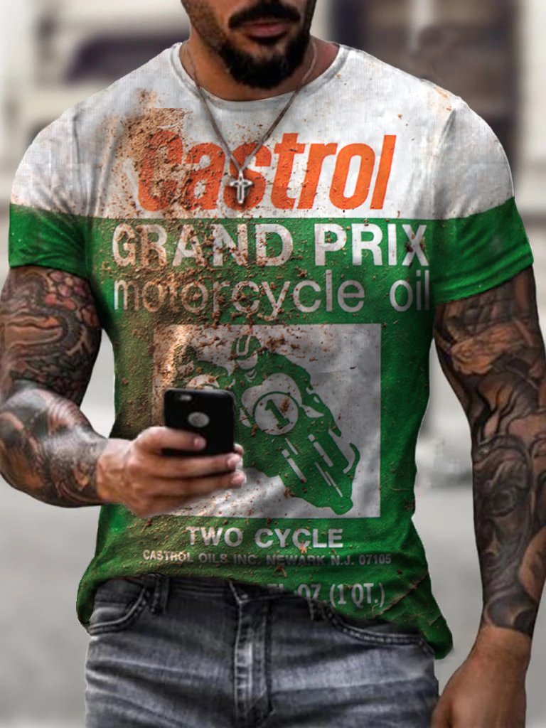 Men's Retro Motorcycle Engine Oil Print Casual T-shirt