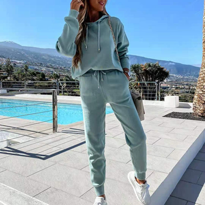 Autumn and winter plus fleece hooded loose sweater two-piece suit