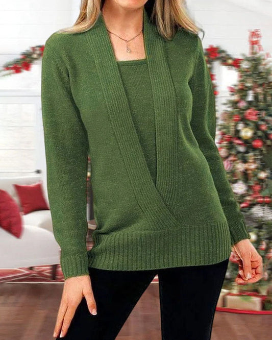 V-neck fake two-piece cropped sweater