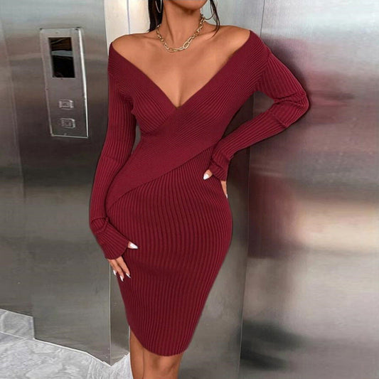 Sexy Cross V Neck Knitted Sweater Dress