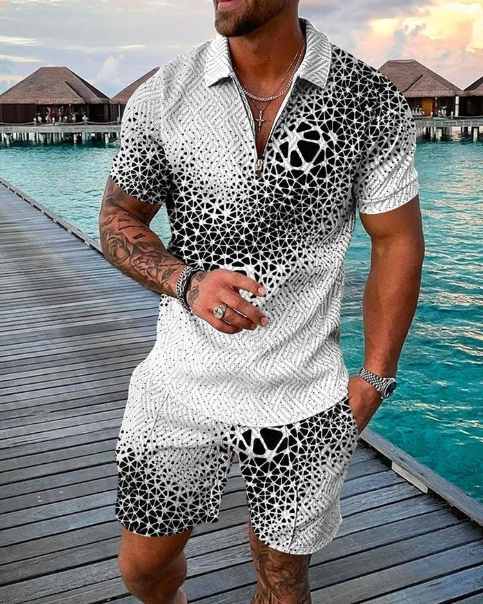 Men's Casual B/W Pattern Printed Polo Suit