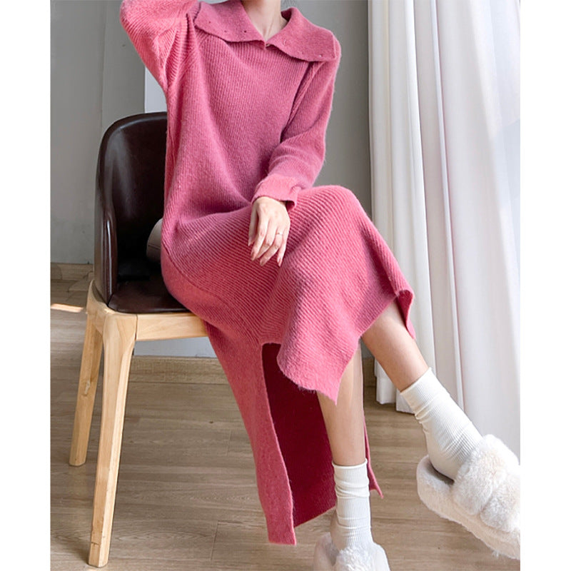 Two-wear autumn and winter loose slit knitted long dress with lapel collar