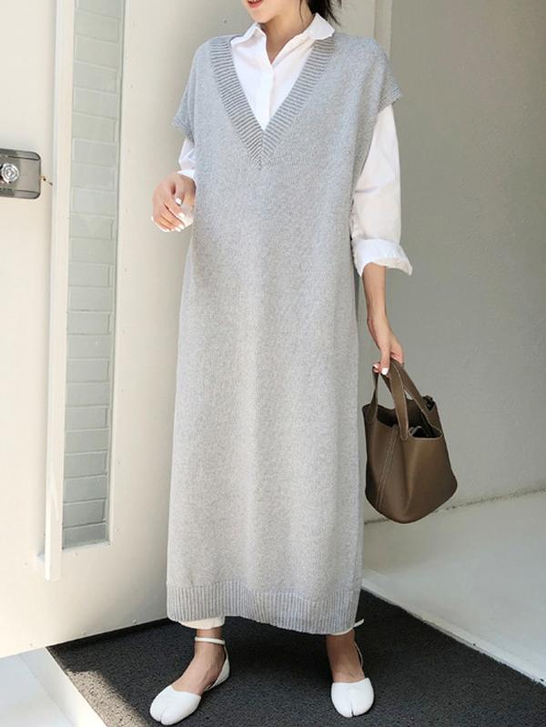 Knitting Loose V-Neck Sleeveless Long Dress