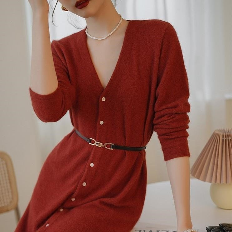 French retro high-quality waist knitted dress