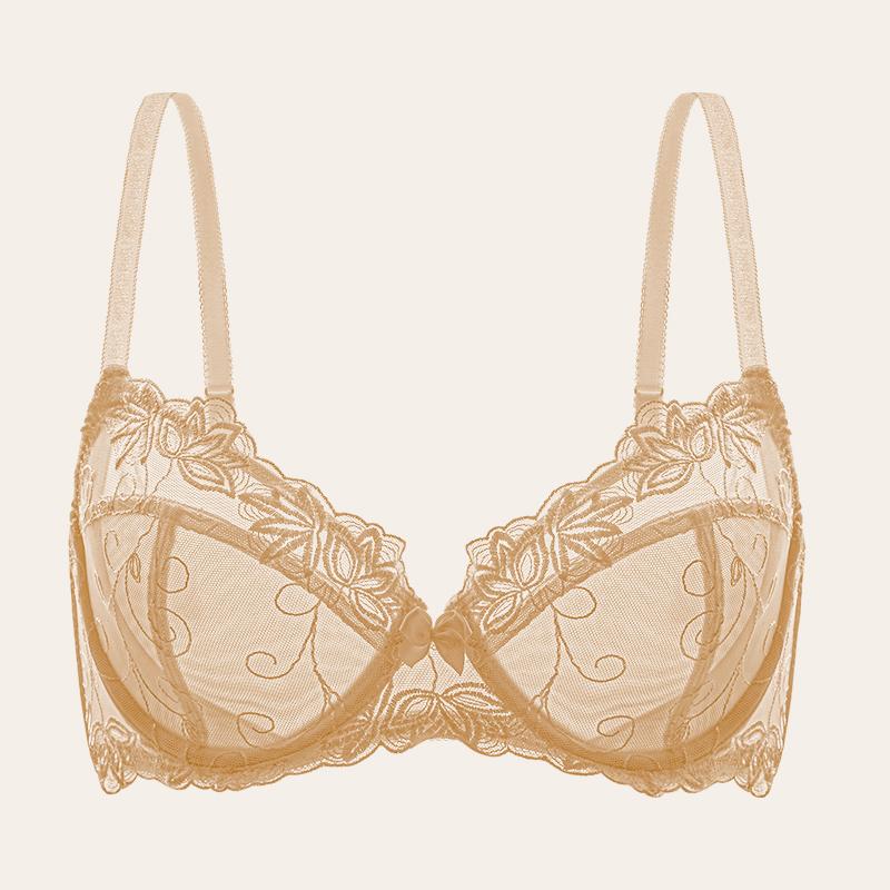 Nude See Through Bra Embroidered Unlined Sexy Lace Underwire Bra Plus Size