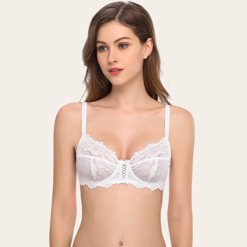 Full Coverage Floral Lace Bra Non-Padded Balconette Underwire Bra Soft Cup