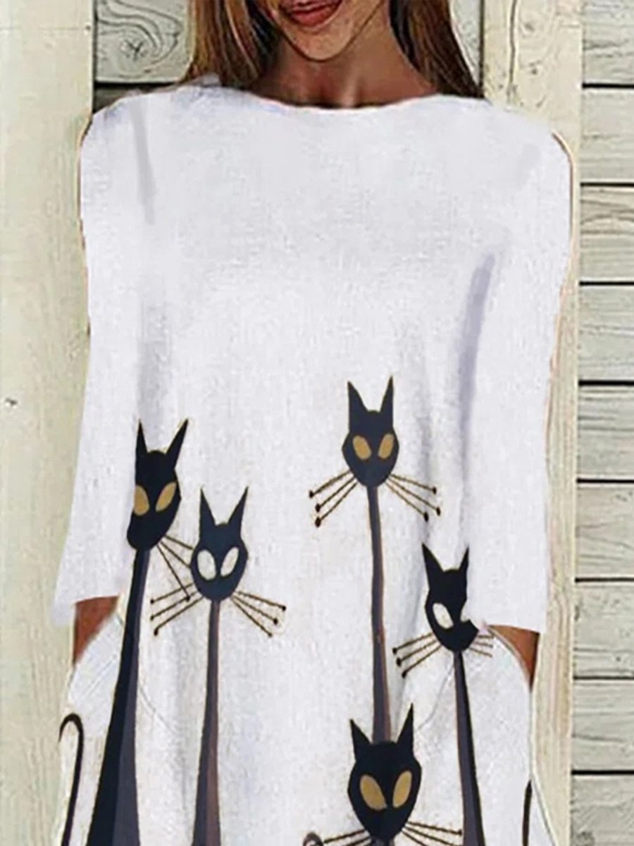 Round Neck Casual Loose Cat Print Long Sleeve Midi Dress