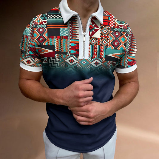 Men's Casual Western Ethnic Pattern Print Short Sleeve Zipper Polo Shirt - DUVAL