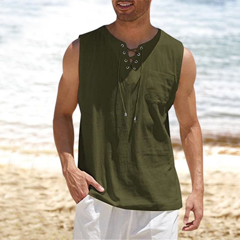 Men's Tank Top Shirt Lace-Up Solid Linen Short Sleeve T-Shirt - DUVAL