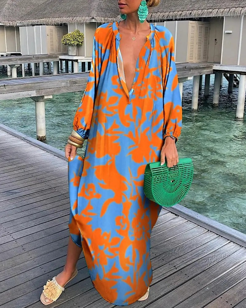 Autumn V-Neck Loose Long Sleeve Print Dress