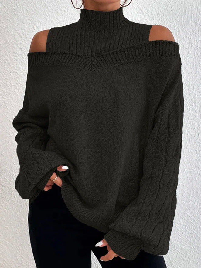High Neck Cutout Off Shoulder Long Sleeve Loose Sweater
