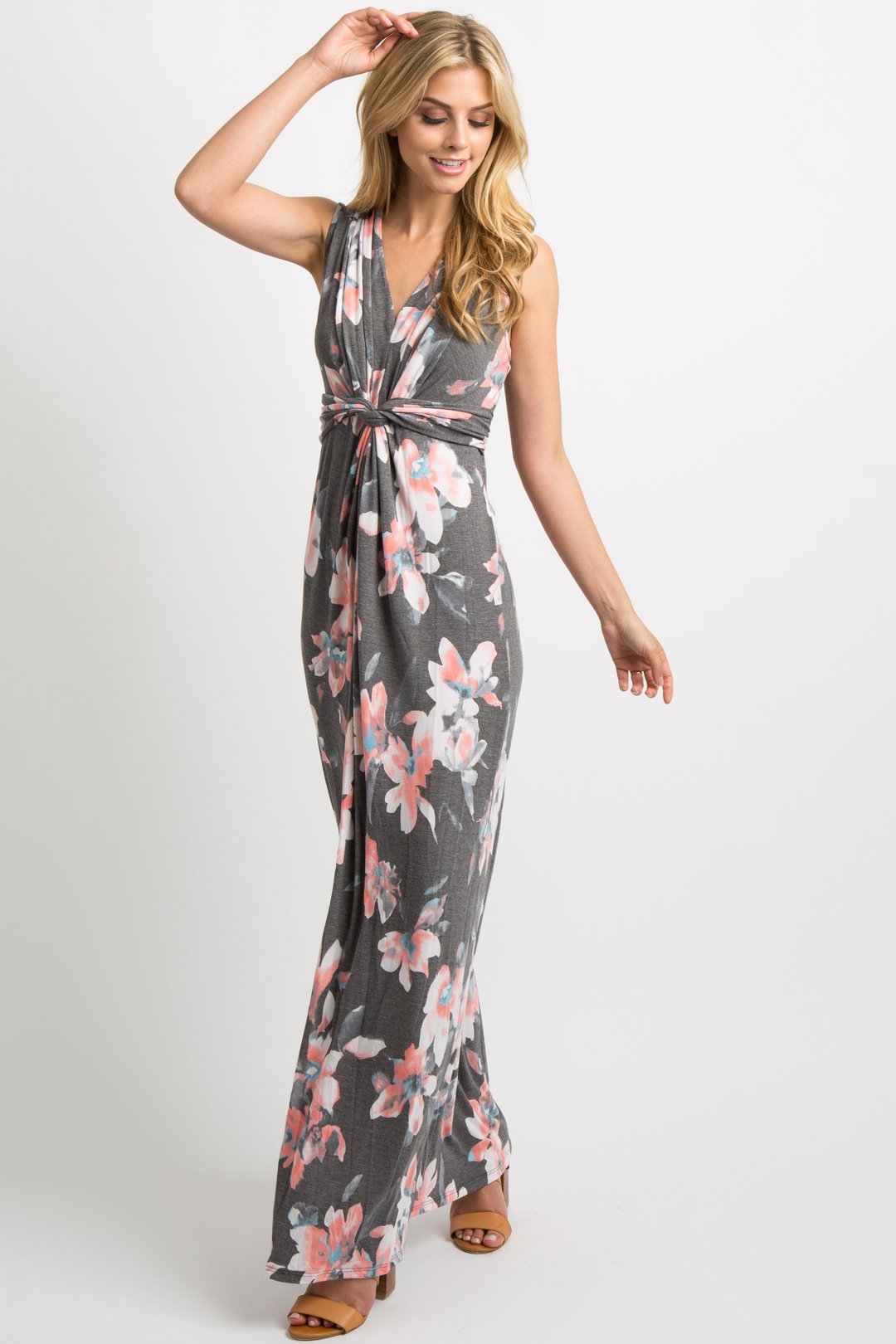 Charcoal Grey Floral Sleeveless Knot Front Maxi Dress - DUVAL