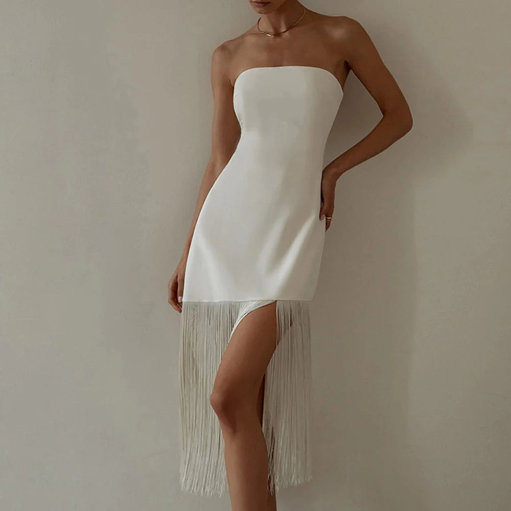 Elegant Fringe Strapless Slit Dress