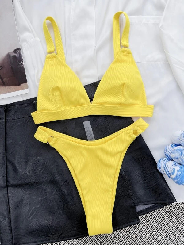 Solid Color Split High Waist Bikini Swimsuit