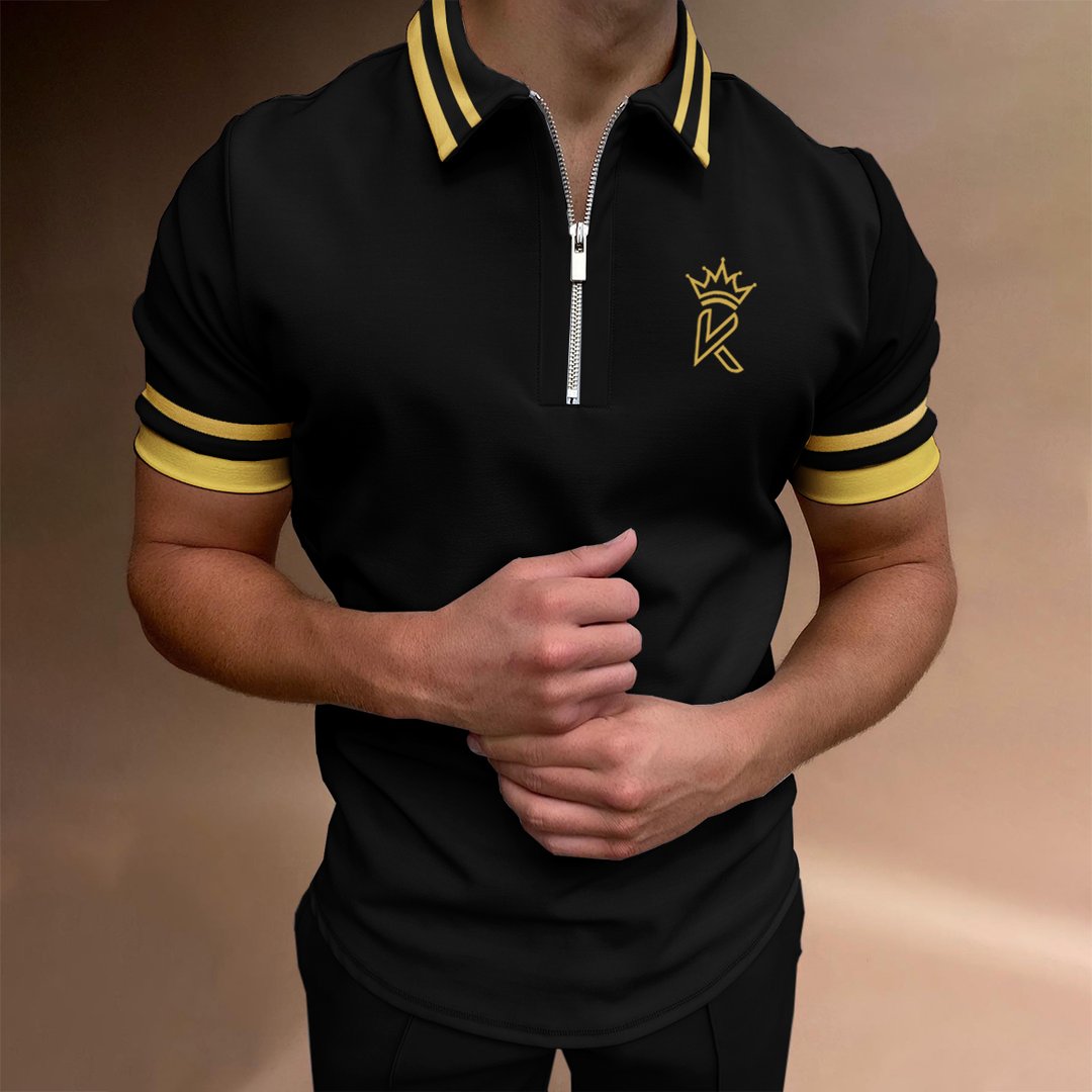 Men's Casual Color Matching Short Sleeve Zipper Polo Shirt Crown K Pattern Print - DUVAL