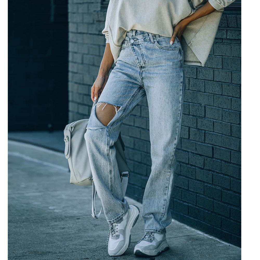 Versatile irregular ripped ripped casual denim trousers