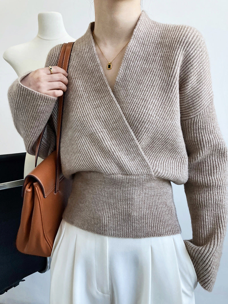 Cropped Vintage Crossover V-Neck Wrap Sweater