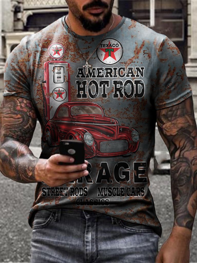 Retro casual engine oil print T-shirt