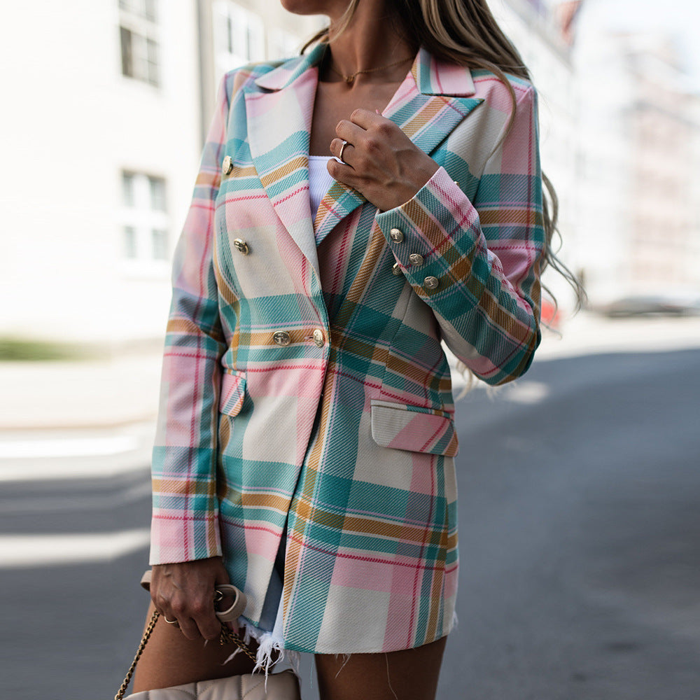 Ladies Fashion Slim Plaid Blazer