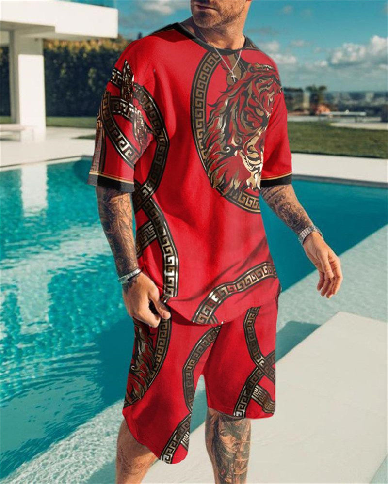 Oversized Men's T-Shirt & Shorts Set Luxury Tiger Red
