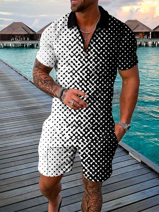Men's Casual White Faded Patterned Polo Suit