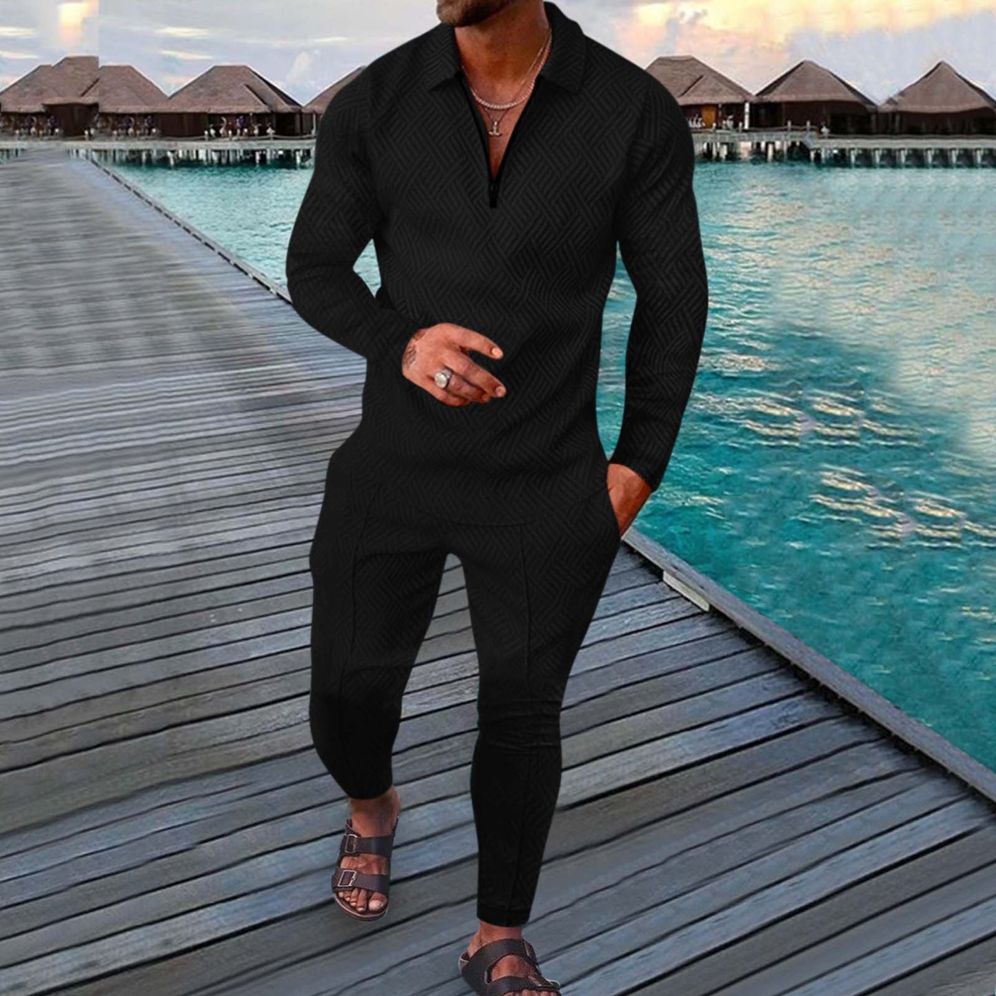 Casual Holiday Floral Print Black Long Sleeve Polo Suit