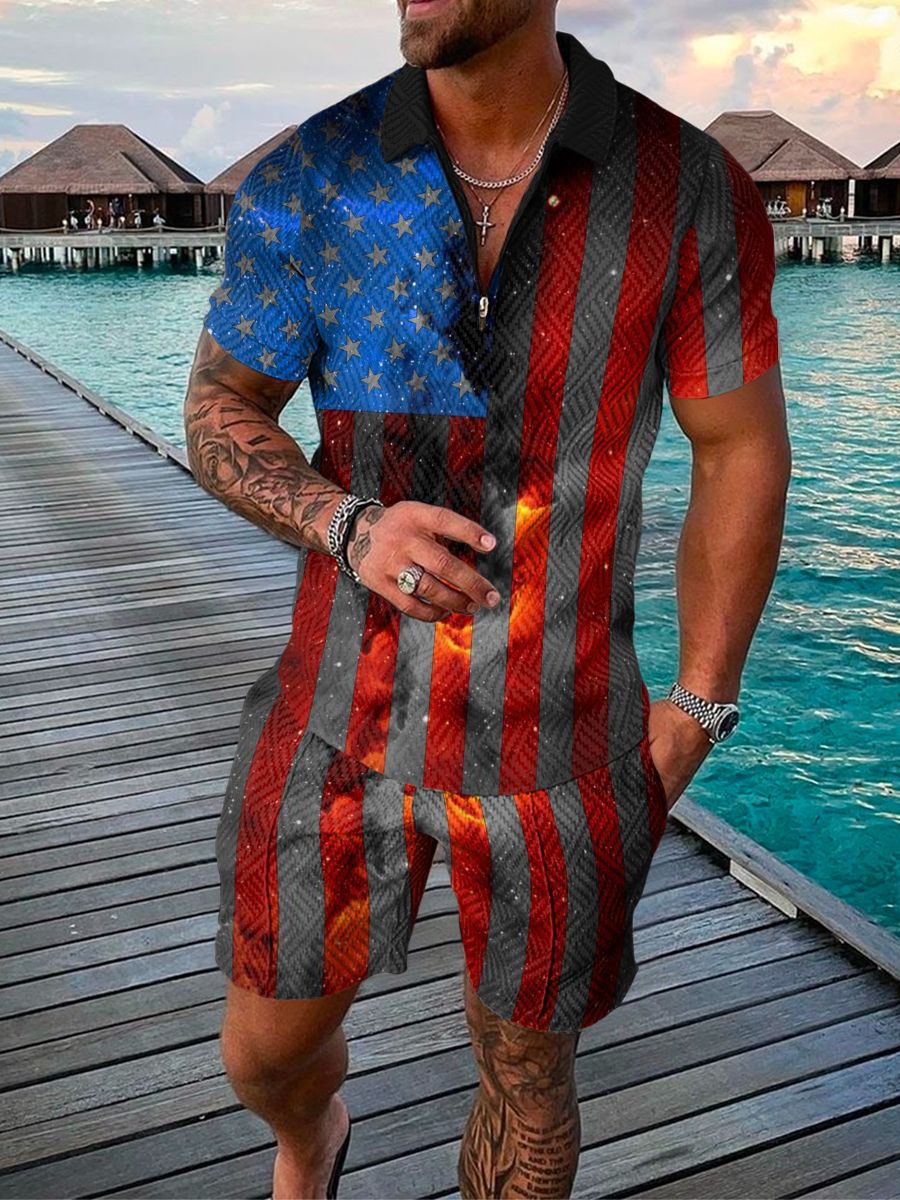 American Flag Polo Shirt And Shorts Co-Ord - DUVAL