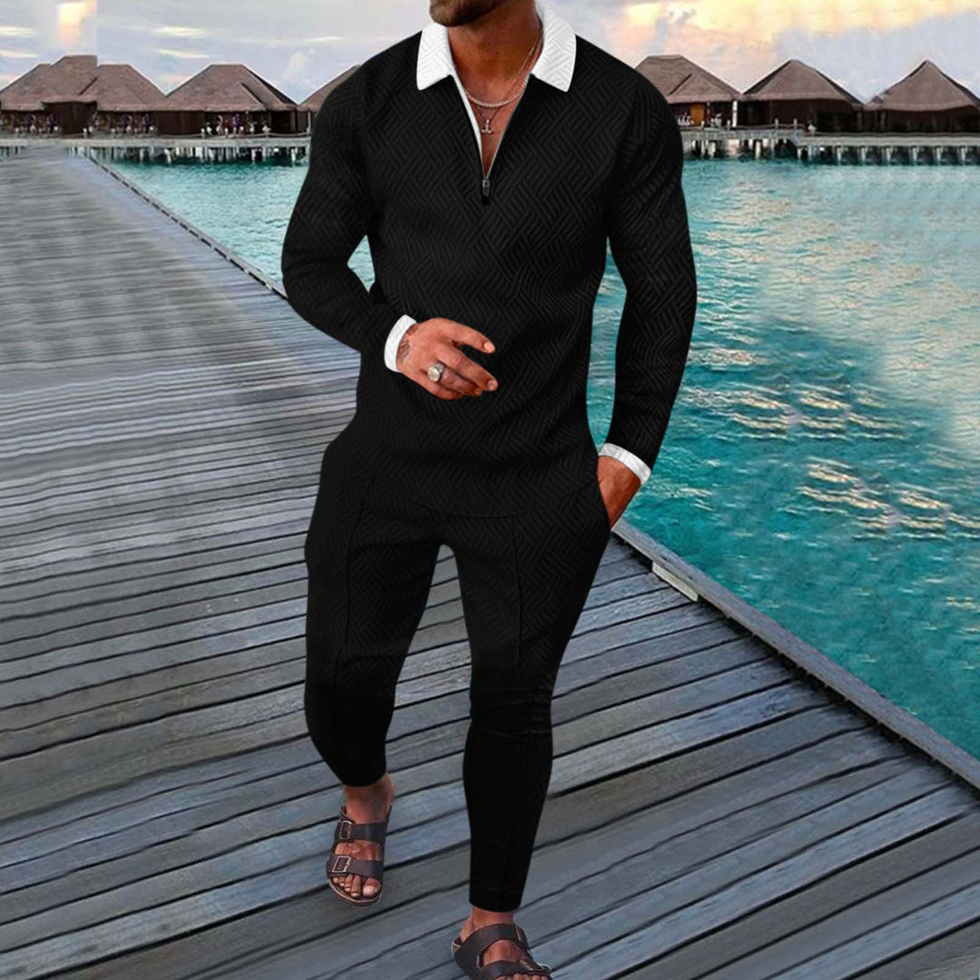 White Collared Long Sleeve Black Polo Suit - DUVAL