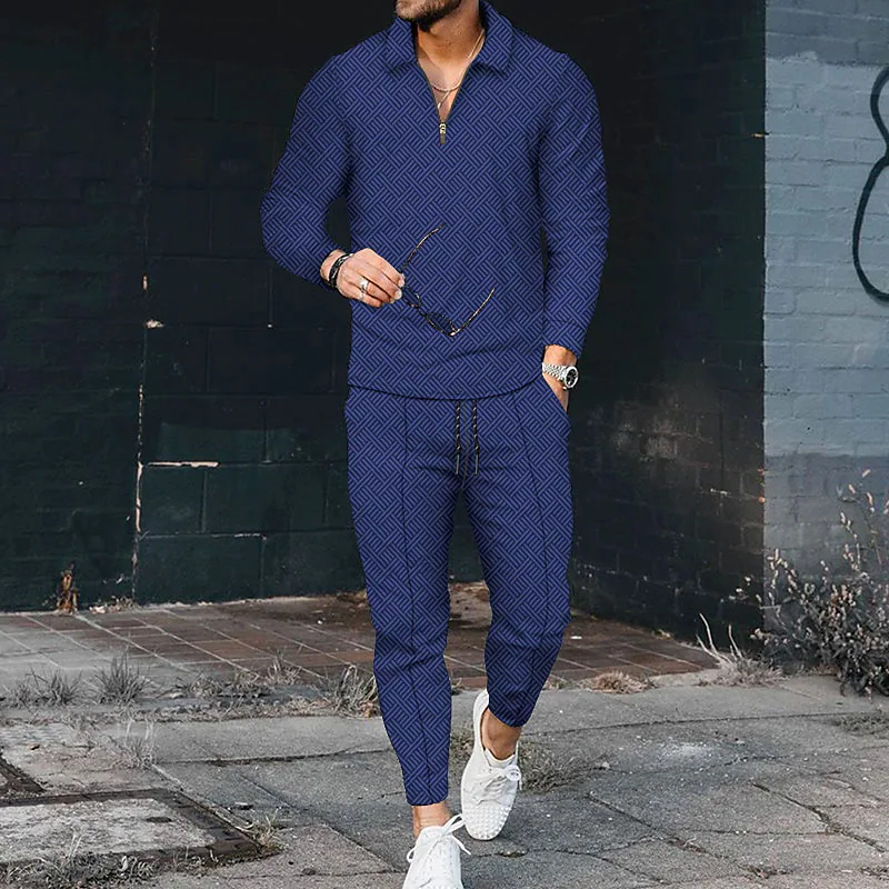 Luxury Dark Blue Long Sleeve Polo Suit - DUVAL