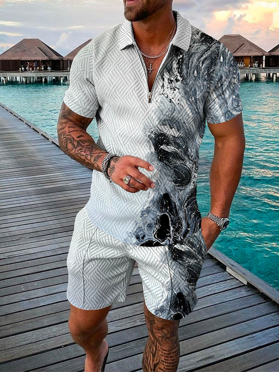 Men's Casual Black Splash Pattern Printed Polo Suit – DUVAL