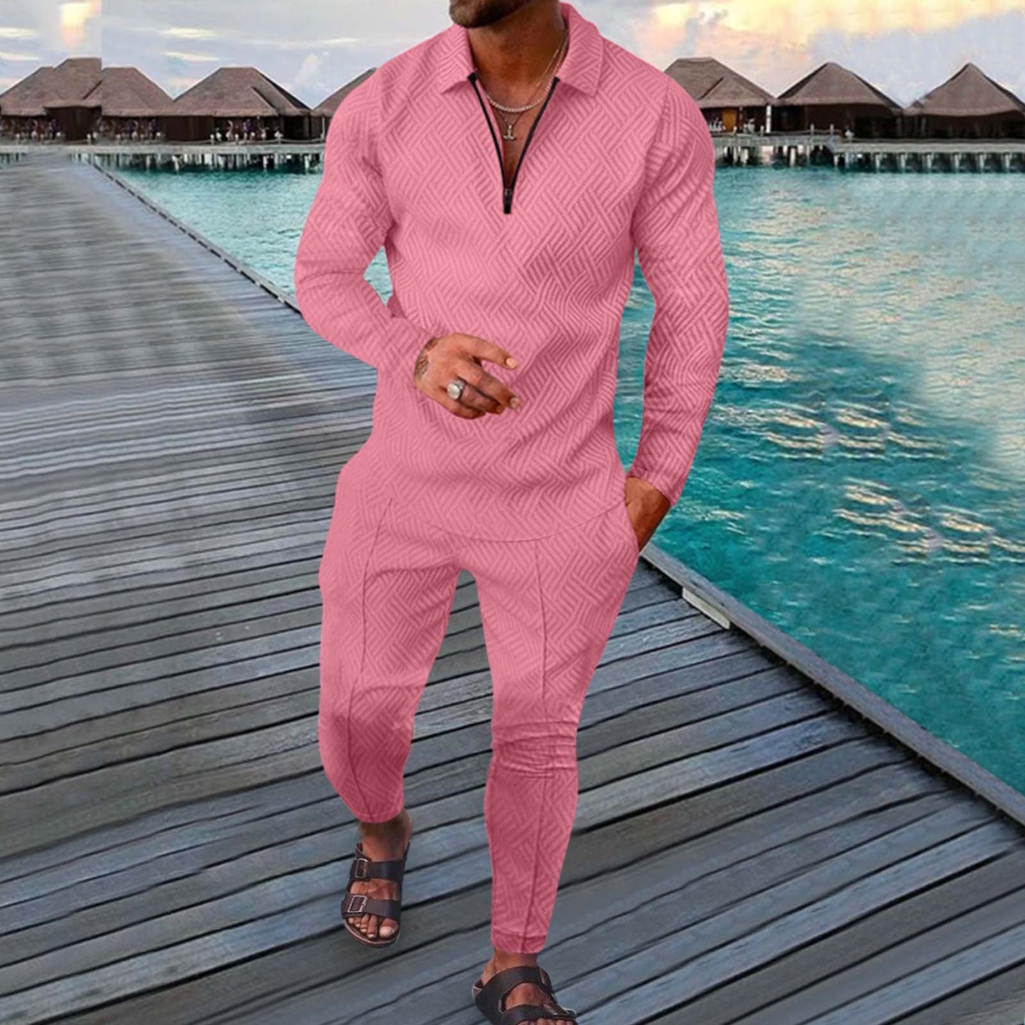 Leisure Pink Printed Long Sleeve Polo Suit
