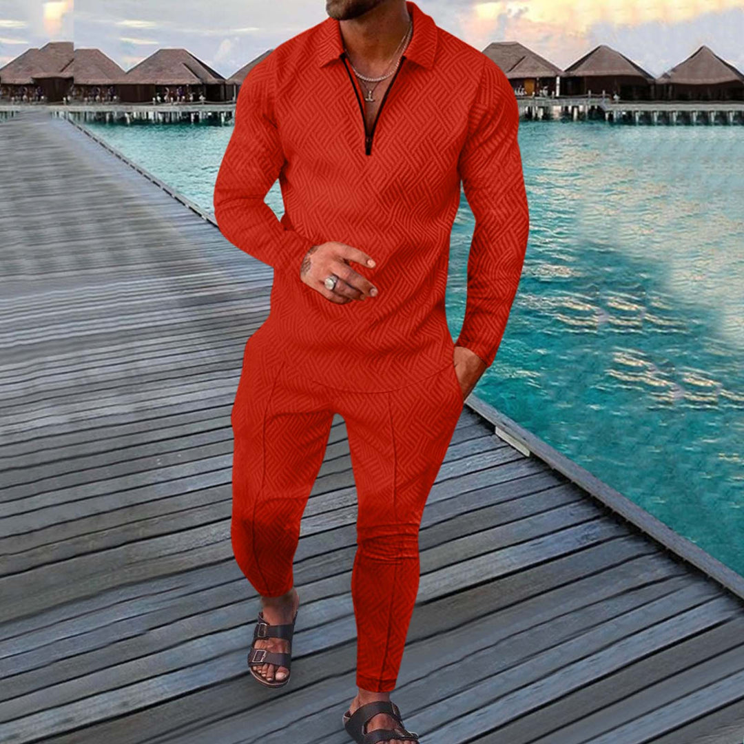 Leisure Red Printed Long Sleeve Polo Suit - DUVAL
