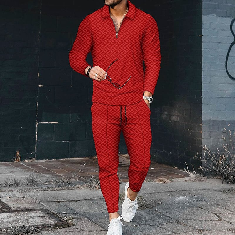 Luxury Red Long Sleeve Polo Suit - DUVAL