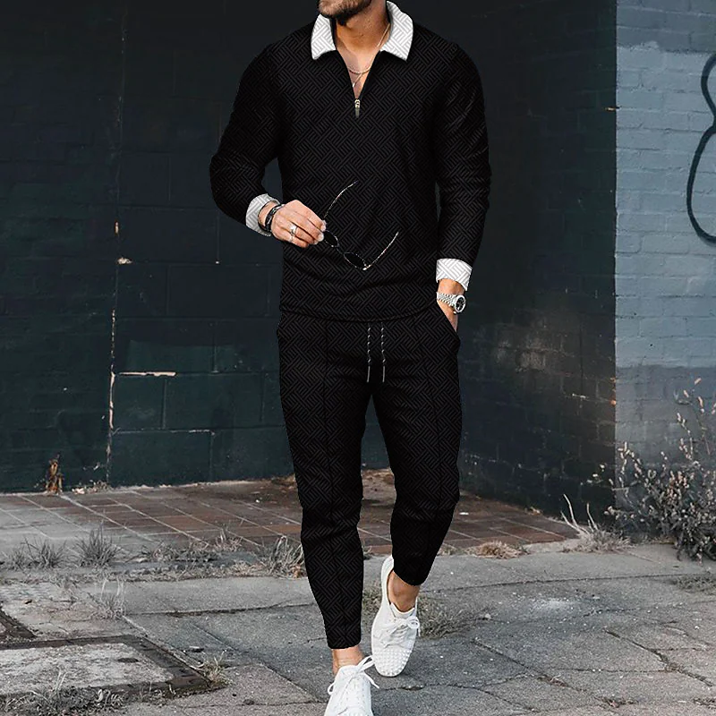 Luxury Black on White Long Sleeve Polo Suit