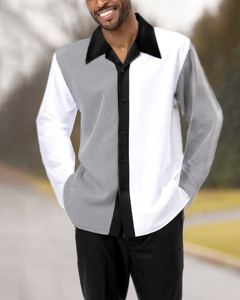 Conjunto de manga larga de traje de lujo con estampado negro, blanco y gris