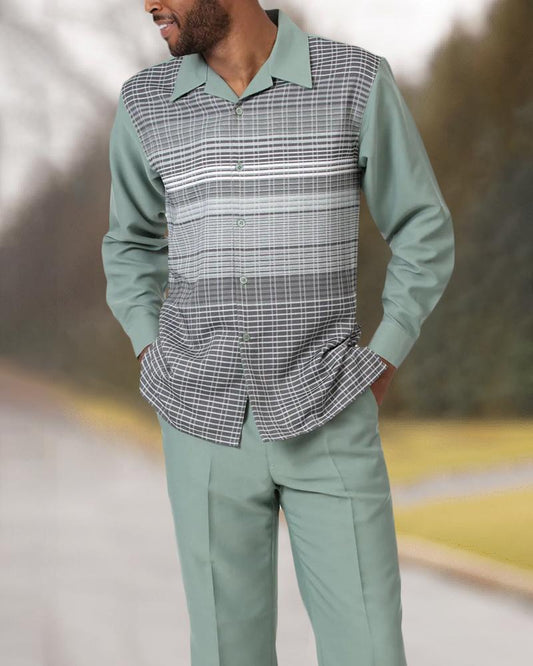 Cyan Cross Pattern Walking Suit Long Sleeve Set