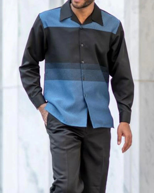 Conjunto de traje de lujo con estampado negro y azul de manga larga