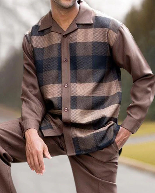 Brown Designer Square Pattern Walking Suit Long Sleeve Set