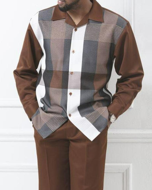 Conjunto de manga larga con traje para caminar con patrón cuadrado marrón
