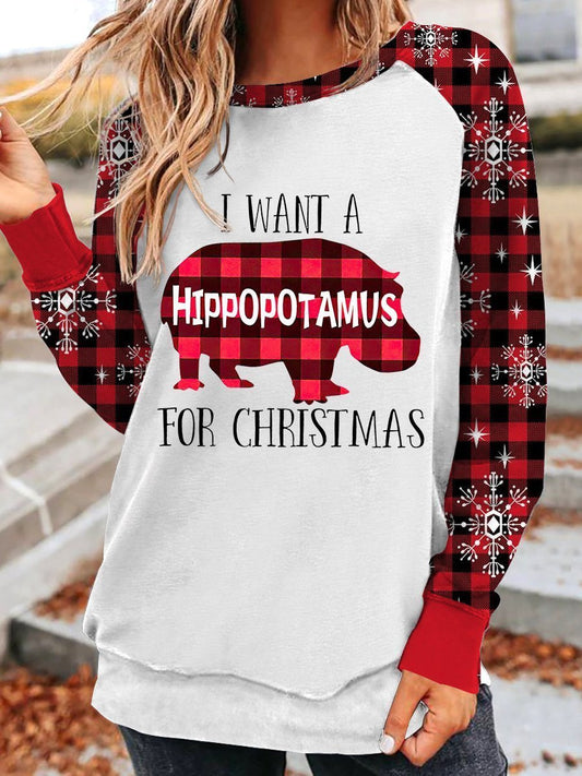 Hippo Christmas Crew Neck Sweater Fashion Pullover - DUVAL