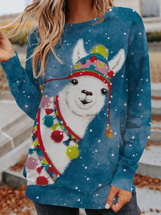 Lama Christmas Crew Neck Sweater Fashion Pullover - DUVAL