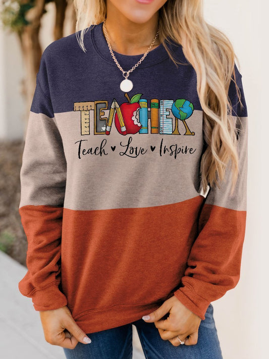 Teach/Love/Inspire Teacher Women's Round Neck Casual Loose Sweater - DUVAL
