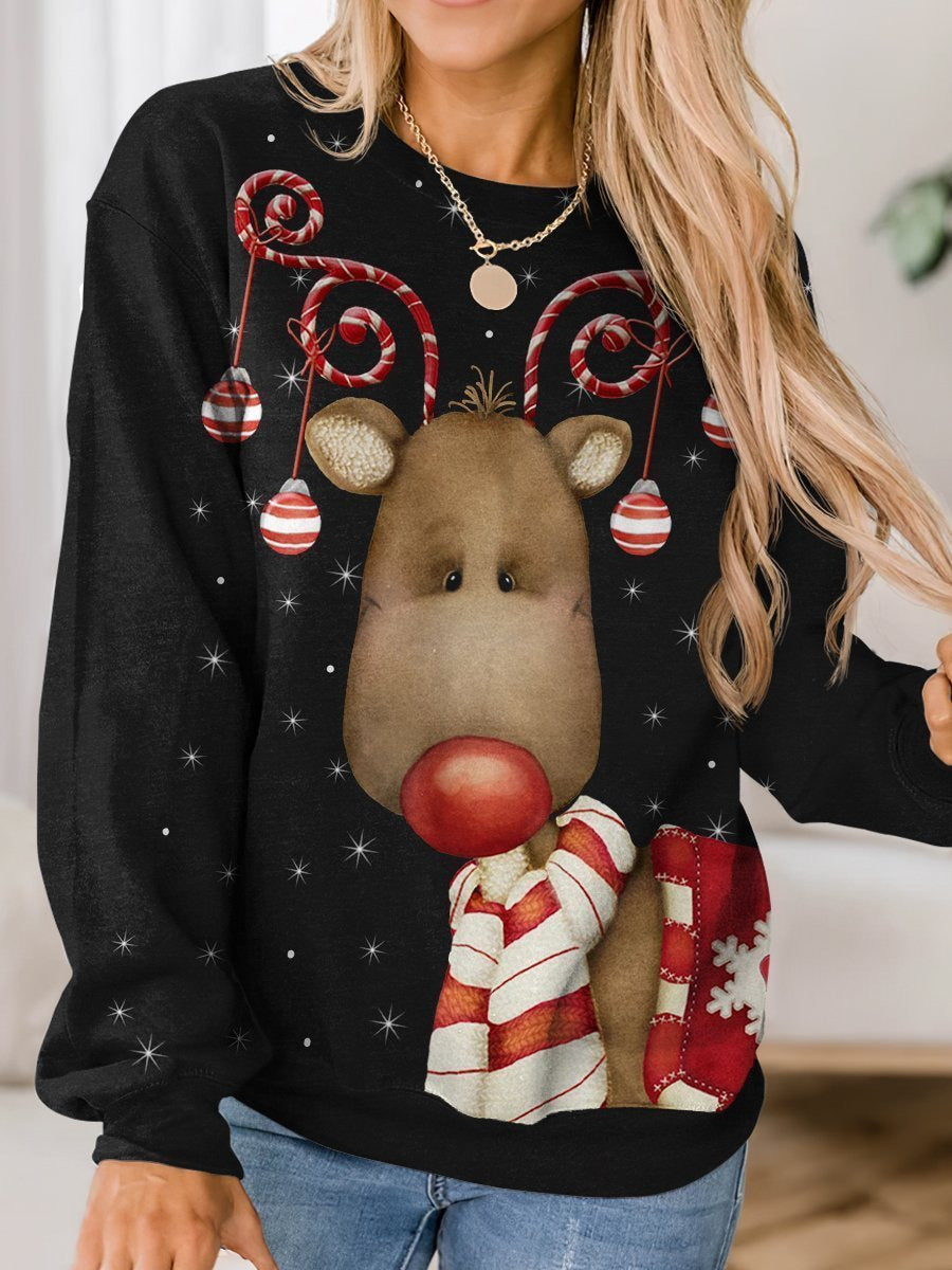 Red Nose Reindeer Women's Round Neck Casual Loose Sweater