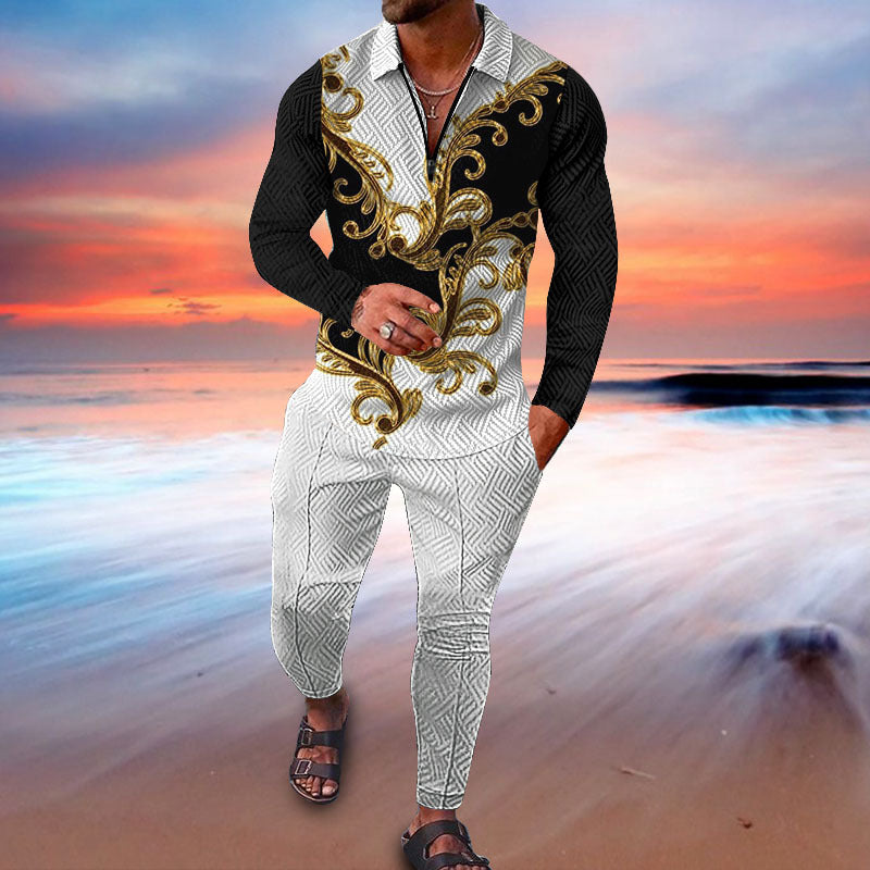 Casual Printed Long Sleeve Polo Suit